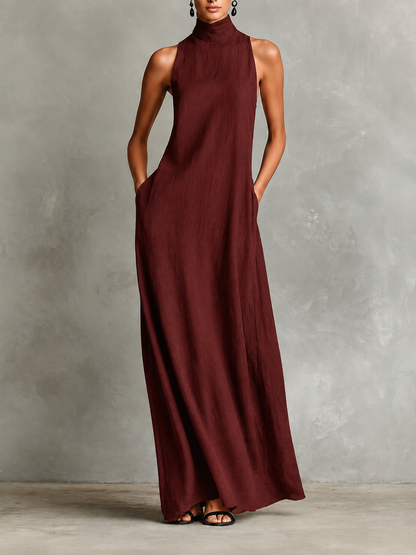 Eva | Vestido Largo de Lino con Cuello Alto, Elegancia Natural