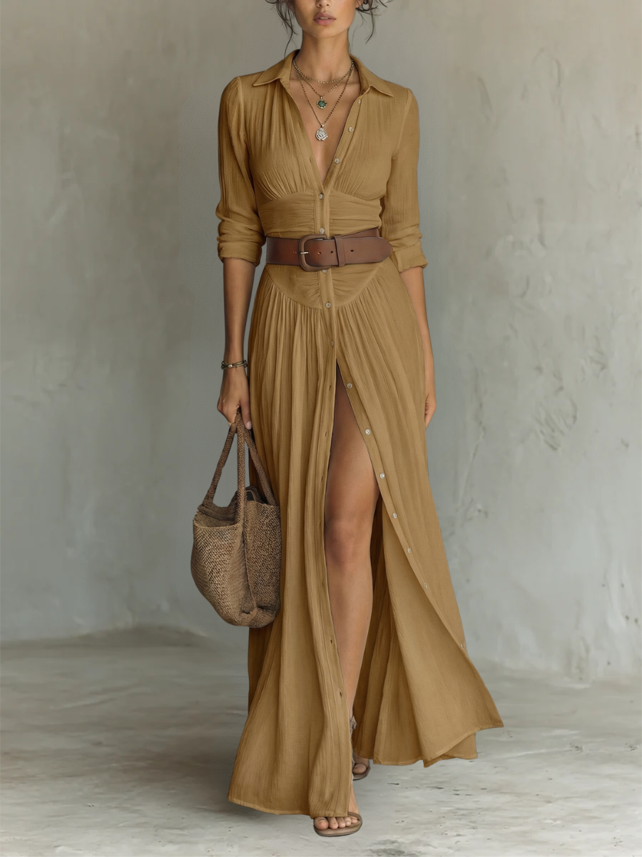 Clara | Vestido maxi de lino con cuello de solapa — elegante y versátil