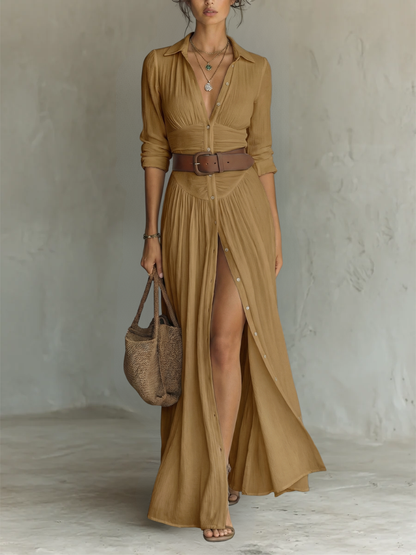 Clara | Vestido maxi de lino con cuello de solapa — elegante y versátil