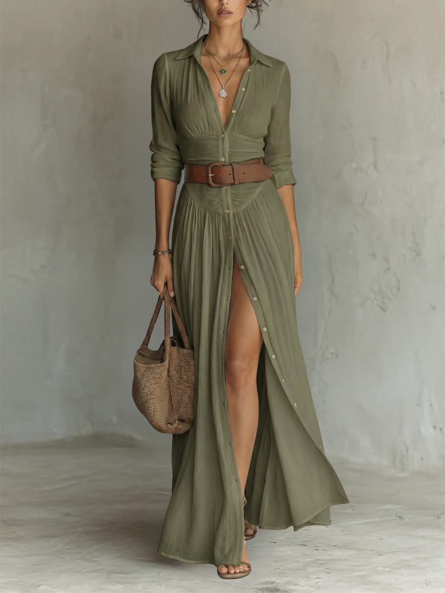 Clara | Vestido maxi de lino con cuello de solapa — elegante y versátil