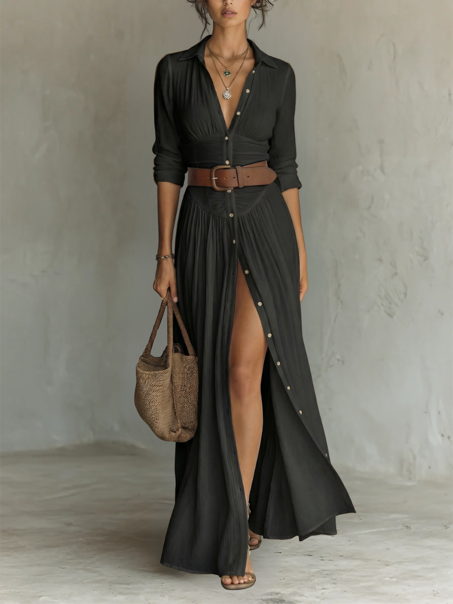 Clara | Vestido maxi de lino con cuello de solapa — elegante y versátil