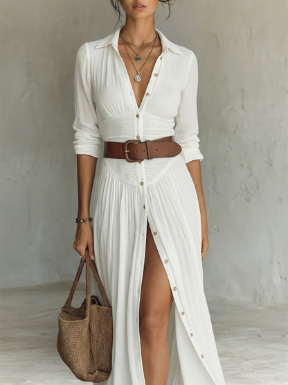 Clara | Vestido maxi de lino con cuello de solapa — elegante y versátil