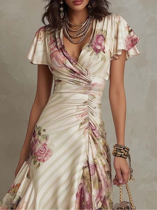 Andrea | Vestido midi satinado con estampado floral, elegante y sofisticado - Marina Durán