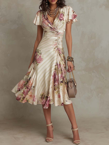 Andrea | Vestido midi satinado con estampado floral, elegante y sofisticado - Marina Durán