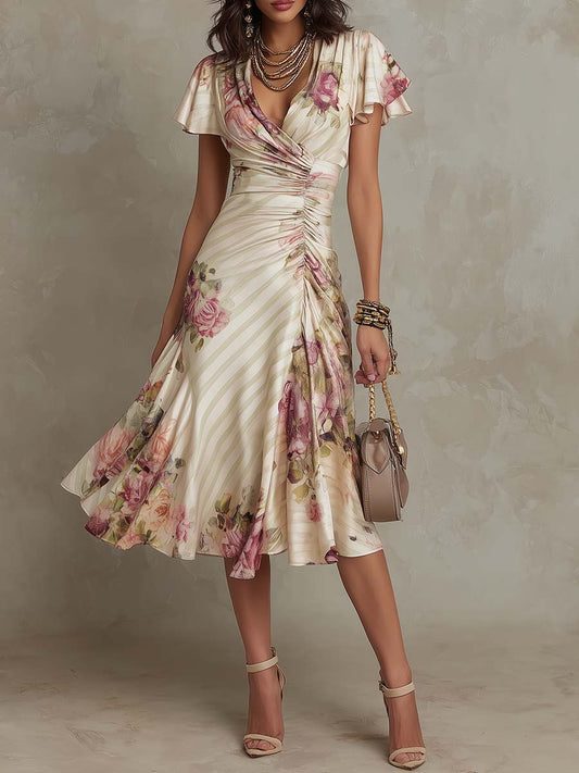 Andrea | Vestido midi satinado con estampado floral, elegante y sofisticado - Marina Durán