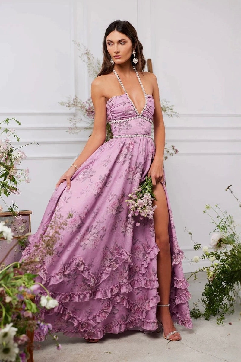 Rocío | Vestido Largo Floral con Escote Joya, Glamour y Elegancia