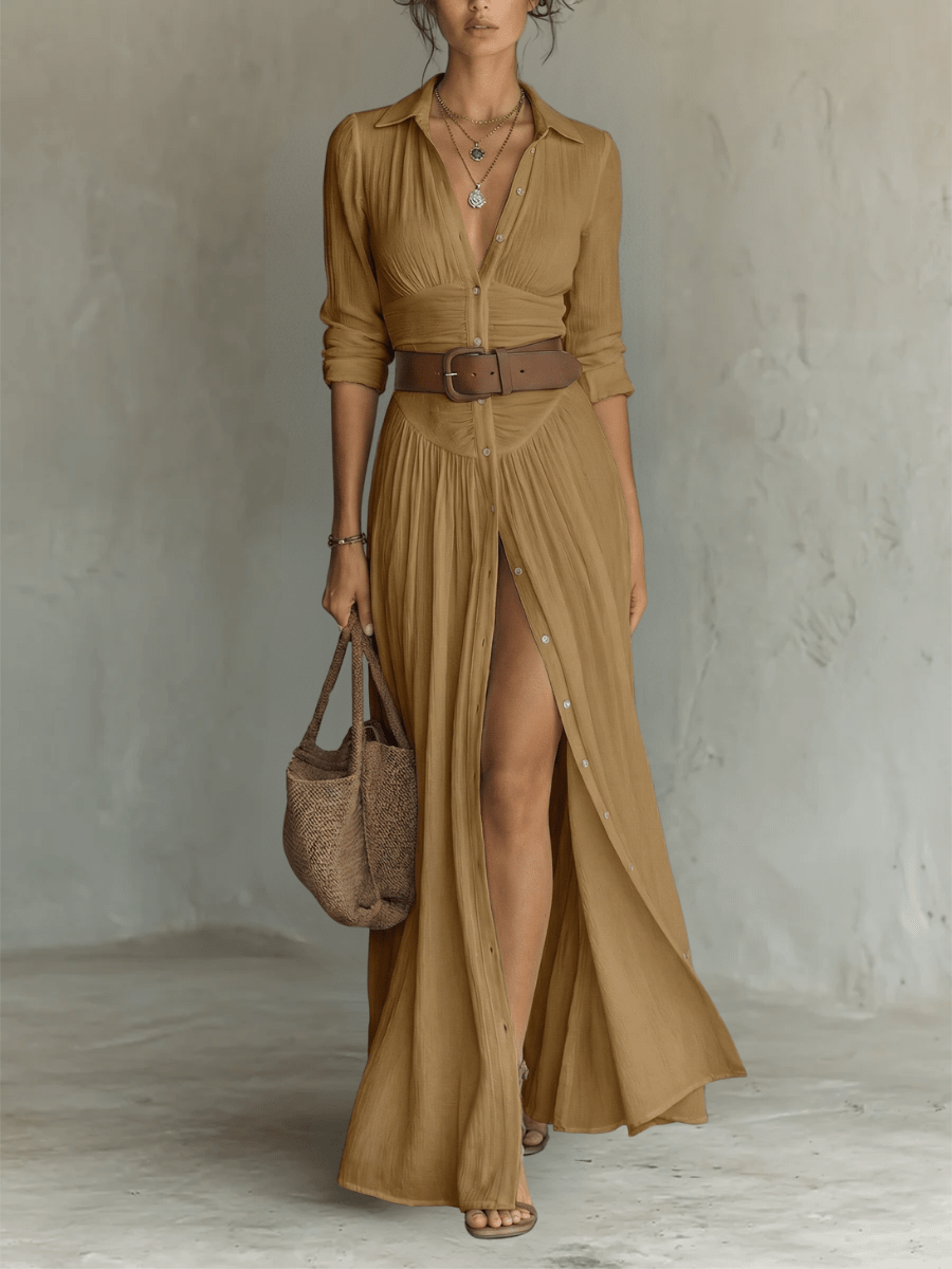 Clara | Vestido maxi de lino con cuello de solapa — elegante y versátil - Marina Durán