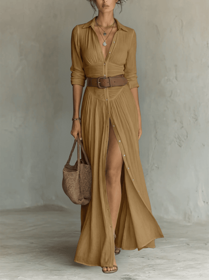 Clara | Vestido maxi de lino con cuello de solapa — elegante y versátil - Marina Durán