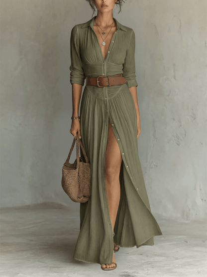 Clara | Vestido maxi de lino con cuello de solapa — elegante y versátil - Marina Durán