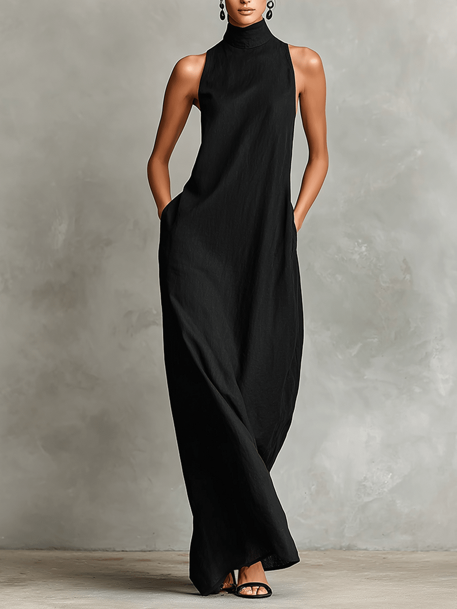 Eva | Vestido Largo de Lino con Cuello Alto, Elegancia Natural - Marina Durán