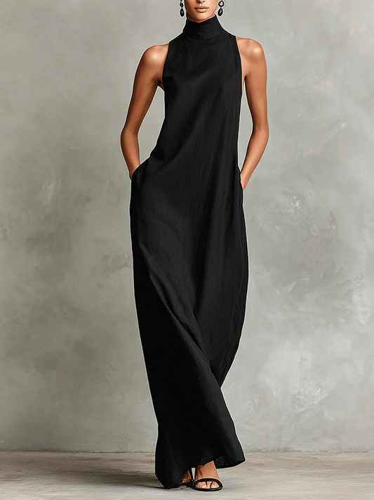 Eva | Vestido Largo de Lino con Cuello Alto, Elegancia Natural - Marina Durán
