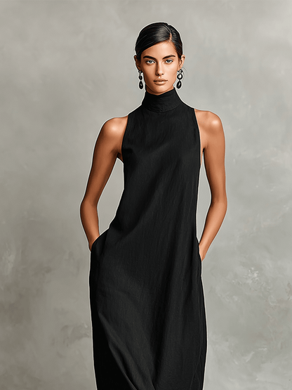 Eva | Vestido Largo de Lino con Cuello Alto, Elegancia Natural - Marina Durán
