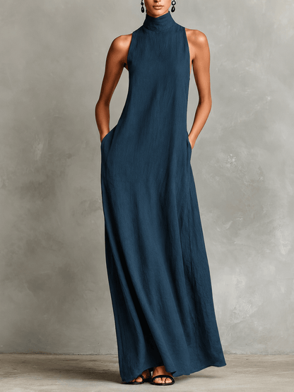 Eva | Vestido Largo de Lino con Cuello Alto, Elegancia Natural - Marina Durán