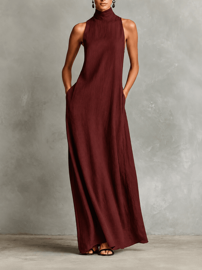 Eva | Vestido Largo de Lino con Cuello Alto, Elegancia Natural - Marina Durán