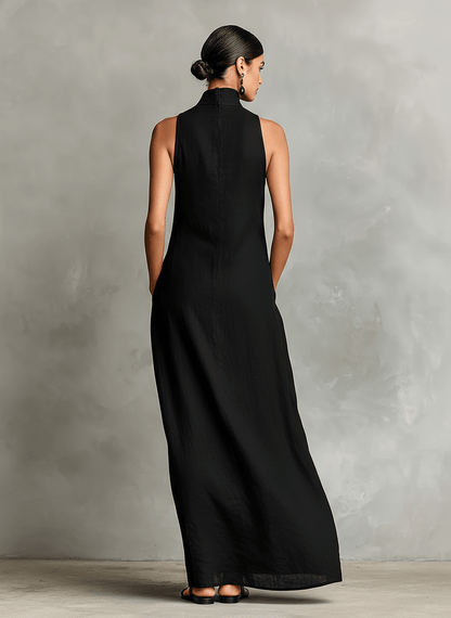 Eva | Vestido Largo de Lino con Cuello Alto, Elegancia Natural - Marina Durán