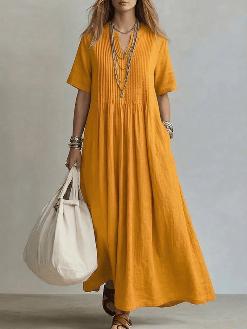 Naroa | Vestido largo fluido con pliegues, elegante y versátil - Marina Durán